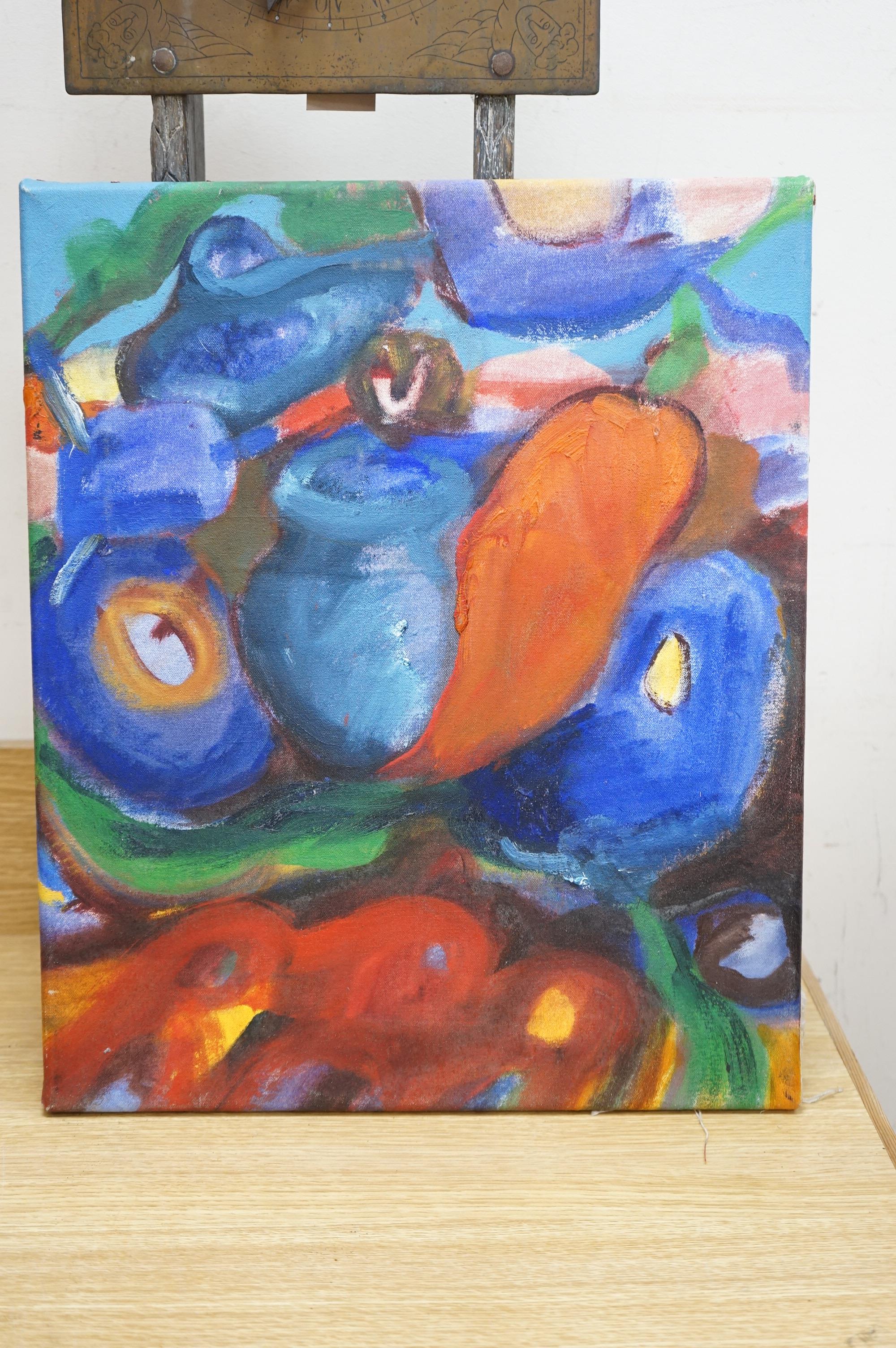 Abstract oil on canvas, Still life, indistinctly signed verso and dated 1995, 45 x 37cm, unframed. Condition - good